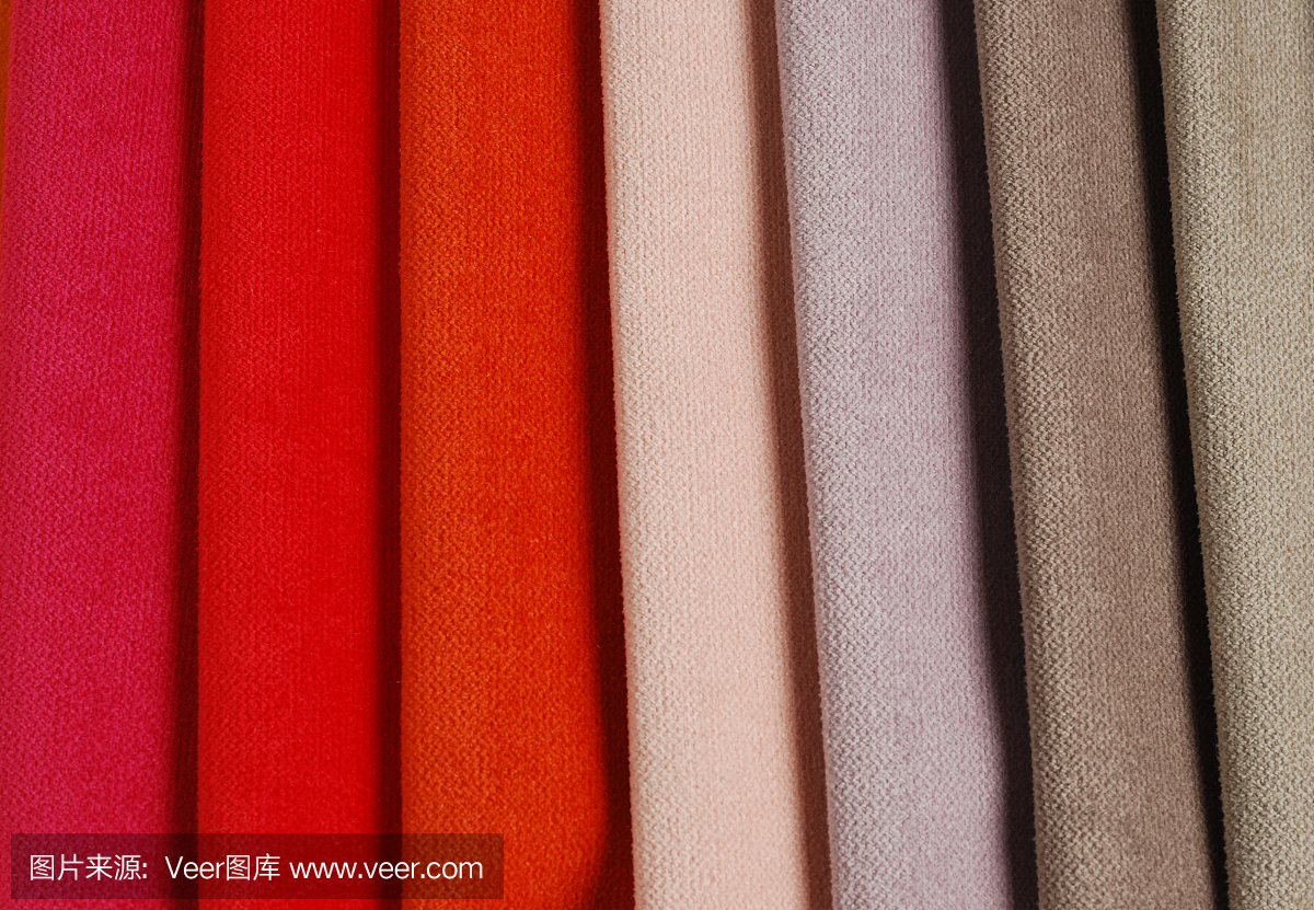 色彩鲜艳的丝绒纺织品样品收集。织物纹理背景